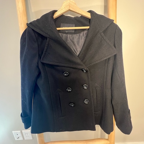 Nine West size 8 Women's hooded Black Double-Breasted Peacoat Coat - Picture 1 of 7